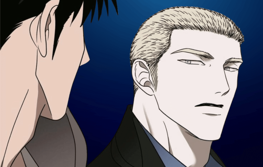 Shutline ch manhwa webtoon panel showing a close-up of Jake Gillan looking over his shoulder toward Moon Shingun against a dark blue background.