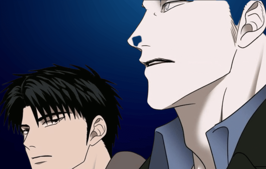 Shutline ch manhwa scene featuring a close-up profile of Jake Gillan with Moon Shingun in the background against a dark blue gradient.