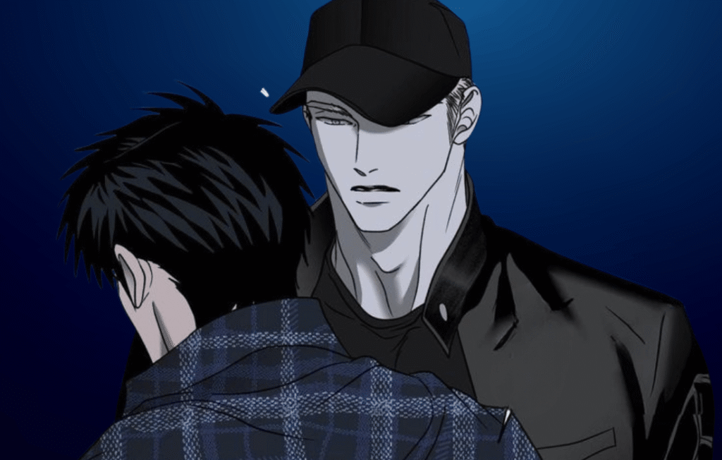 Shutline ch manhwa scene featuring a close-up profile of Jake Gillan with Moon Shingun in the background against a dark blue gradient.