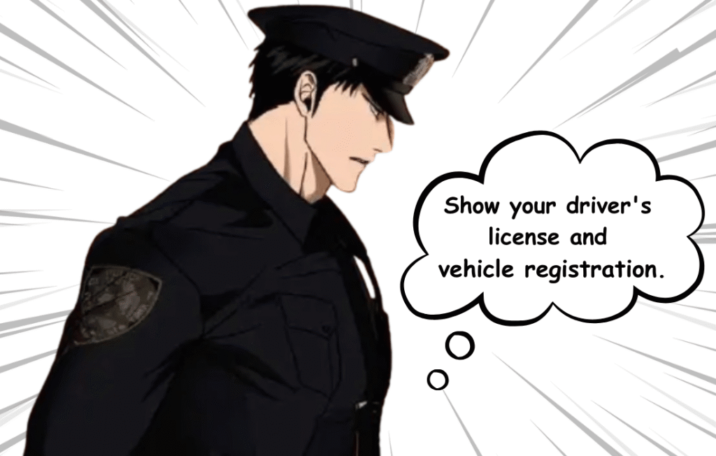 Manhwa panel from Shutline chapter 101 featuring Moon Shingun in a black police officer uniform and hat, with a speech bubble saying 'Show your driver's license and vehicle registration.