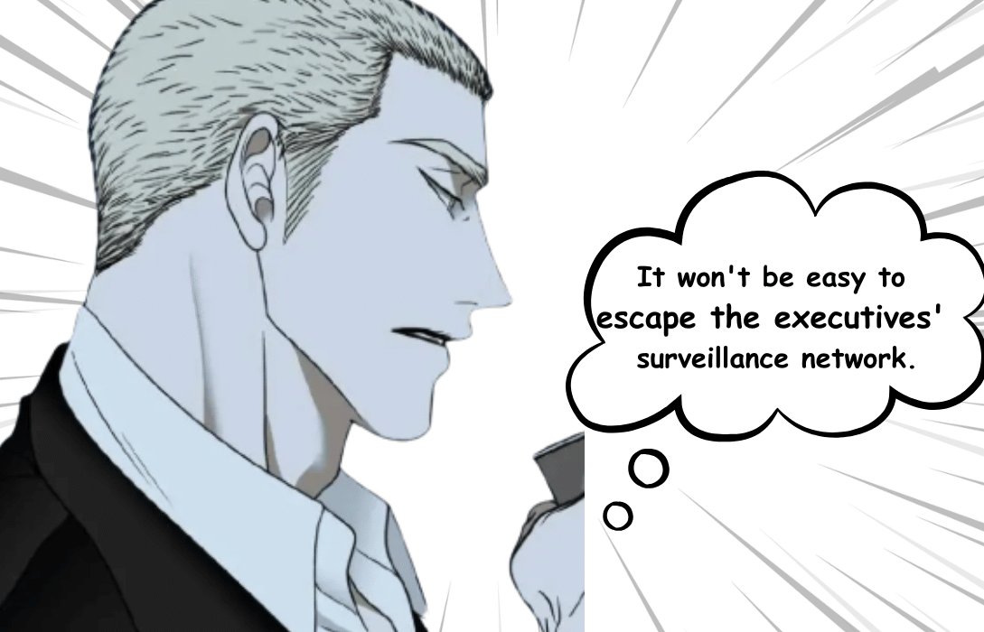 Manhwa panel of Jake Gillan from Shutline chapter 101, shown in a side profile with a thought bubble about escaping the executives' surveillance network.