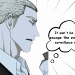 Manhwa panel of Jake Gillan from Shutline chapter 101, shown in a side profile with a thought bubble about escaping the executives' surveillance network.