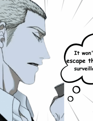 Manhwa panel of Jake Gillan from Shutline chapter 101, shown in a side profile with a thought bubble about escaping the executives' surveillance network.