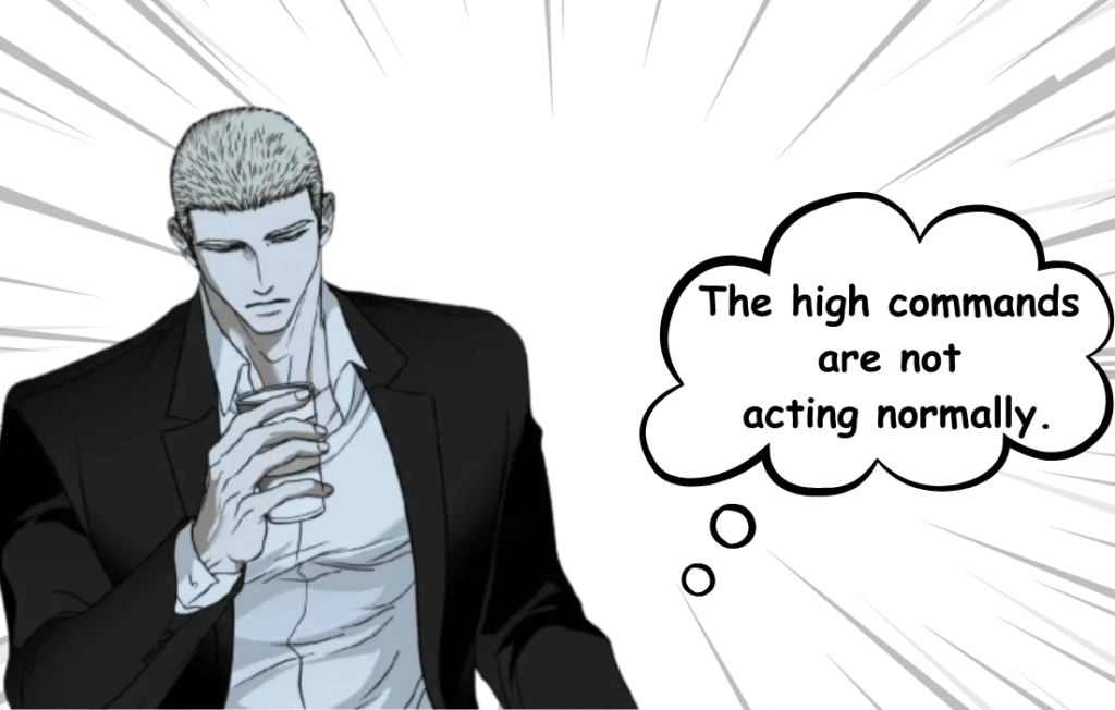 Manhwa panel of Jake Gillan from Shutline chapter 101, shown in a black suit holding a beverage glass with a thought bubble stating 'The high commands are not acting normally.