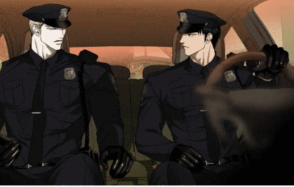 Manhwa panel from Shutline chapter 101 featuring characters Jake Gillan and Moon Shingun dressed as police officers sitting inside a vehicle.
