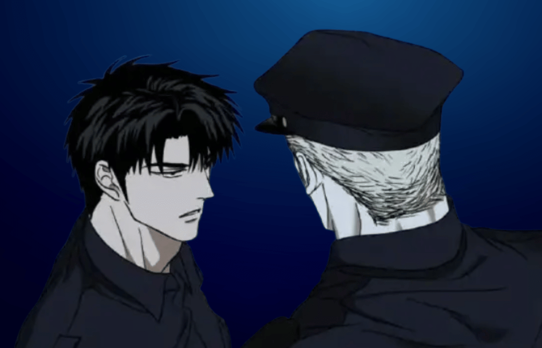 Manhwa panel from Shutline chapter 102 featuring a close-up of Moon Shingun looking at Jake Gillan, both dressed as police officers against a dark blue background.