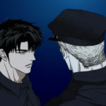 Manhwa panel from Shutline chapter 102 featuring a close-up of Moon Shingun looking at Jake Gillan, both dressed as police officers against a dark blue background.