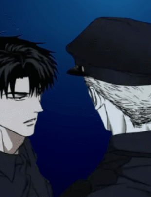Manhwa panel from Shutline chapter 102 featuring a close-up of Moon Shingun looking at Jake Gillan, both dressed as police officers against a dark blue background.
