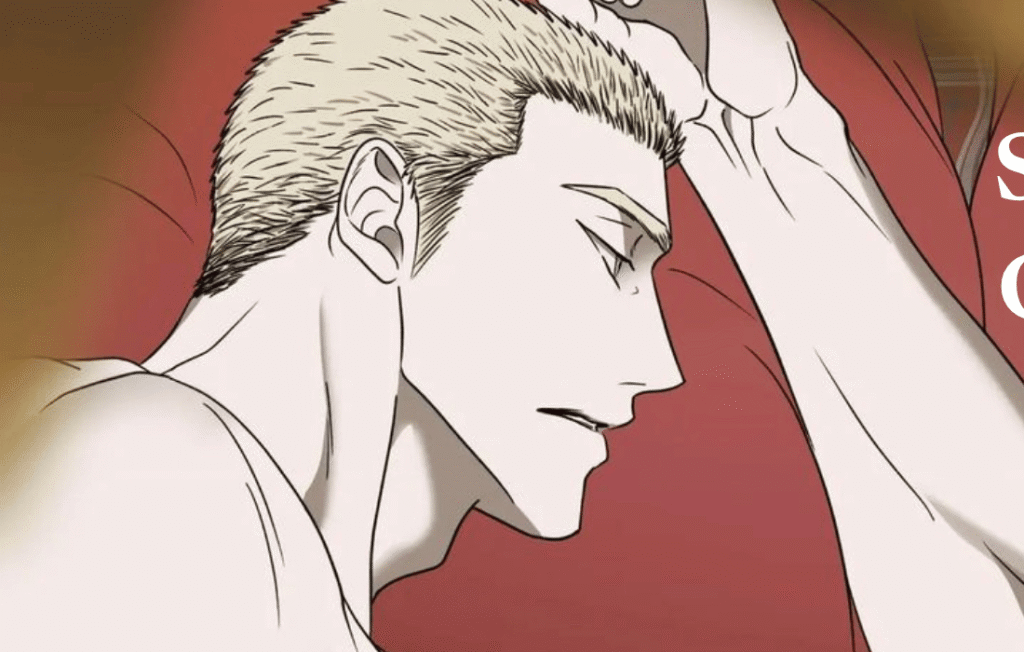 Jake Gillan from Shutline BL manhwa Chapter 18 with blonde undercut hair, close-up side profile looking down while lying on a red sofa, high-quality manhwa art style.