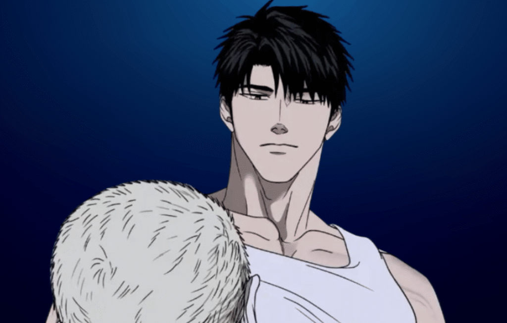 Moon Shin looking down at Jake Gillan in Shutline BL manhwa Chapter 18, featuring Moon Shin in a white tank top and Jake's blonde hair in the foreground against a dark blue background.