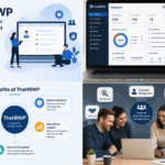 TheHRWP HR management platform infographic showing employee dashboard, automation features, payroll system, and workplace productivity benefits.