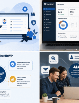 TheHRWP HR management platform infographic showing employee dashboard, automation features, payroll system, and workplace productivity benefits.