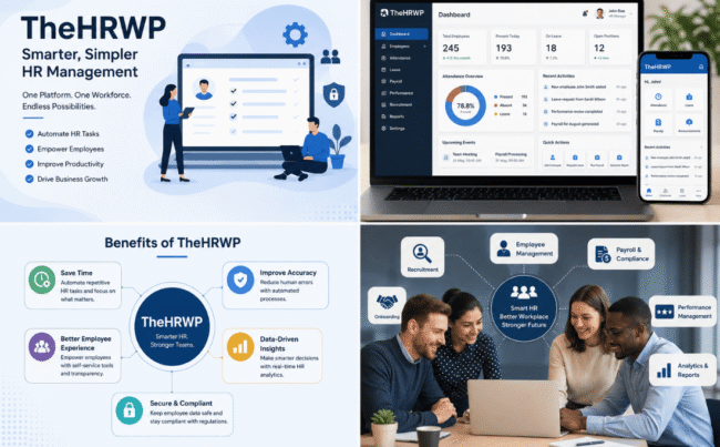 TheHRWP HR management platform infographic showing employee dashboard, automation features, payroll system, and workplace productivity benefits.