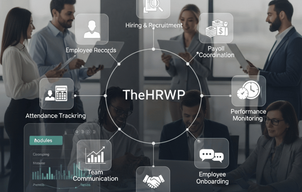 : Infographic displaying the core functions of TheHRWP workplace platform, including recruitment, payroll and employee management.