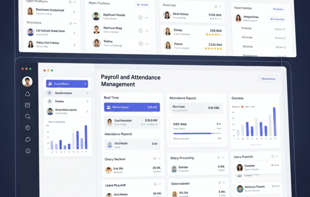 A digital user interface design of an HR software dashboard featuring a "Payroll and Attendance Management" panel with various data cards, charts, and employee profiles.