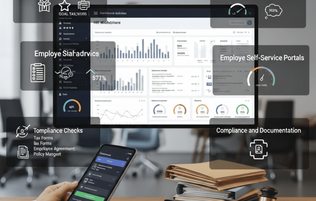 Conceptual graphic of an HR workplace platform showing a desktop dashboard, mobile app interface, and overlay cards for compliance and employee self-service.