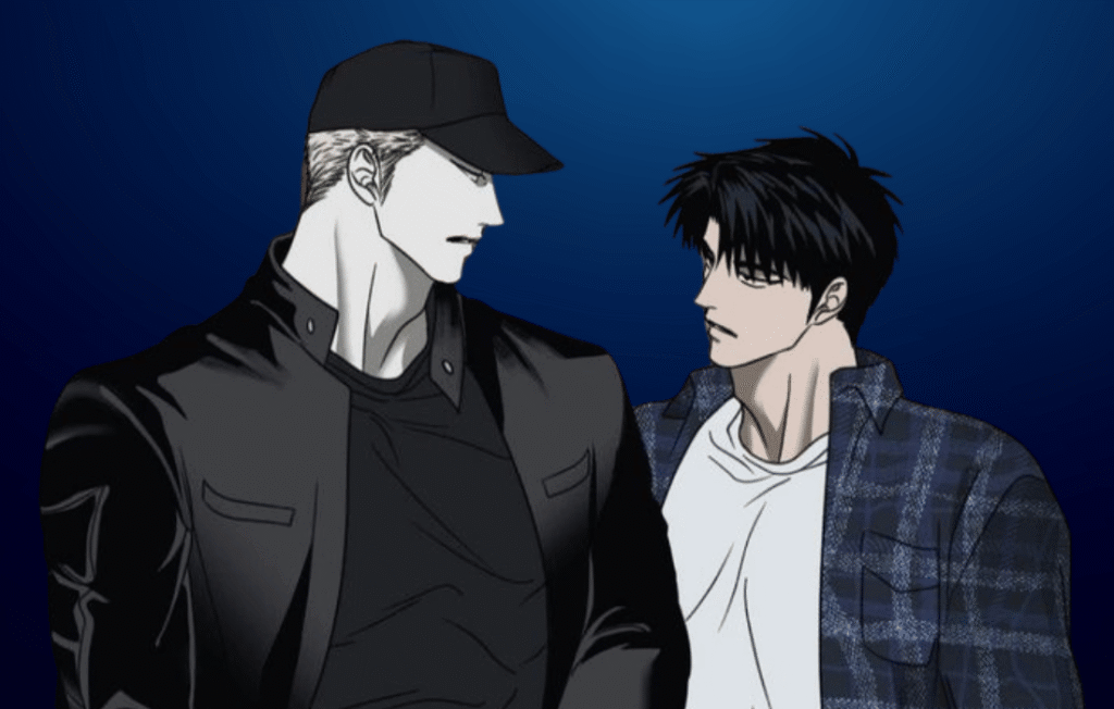 An intense encounter from the manhwa Shutline featuring Jake Gillan in a black leather jacket and cap looking down at Moon Shin in a flannel shirt against a dark blue background.