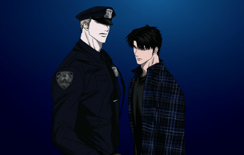 Intense Shutline manhwa scene featuring Jake Gillan in a police officer uniform standing next to Moon Shin in a plaid shirt against a dark blue background.