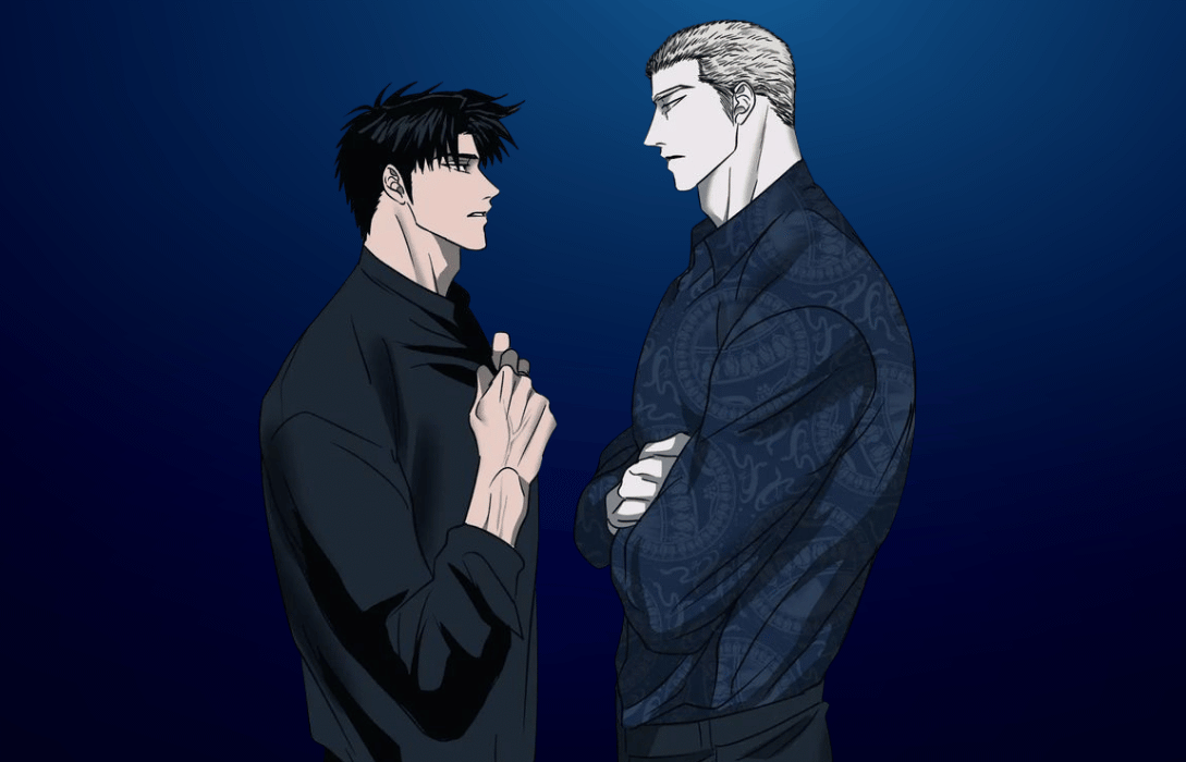 Intense yaoi Shutline scene featuring a close-up standoff between Moon Shin and Jake Gillan against a deep blue gradient background.
