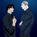 Intense yaoi Shutline scene featuring a close-up standoff between Moon Shin and Jake Gillan against a deep blue gradient background.