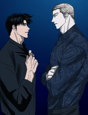 Intense yaoi Shutline scene featuring a close-up standoff between Moon Shin and Jake Gillan against a deep blue gradient background.