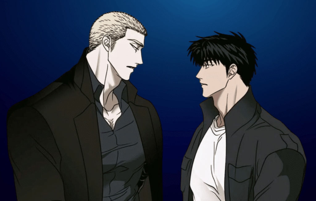 Intense yaoi Shutline scene featuring a heated, close-up confrontation between Moon Shin and Jake Gillan against a dark blue background.