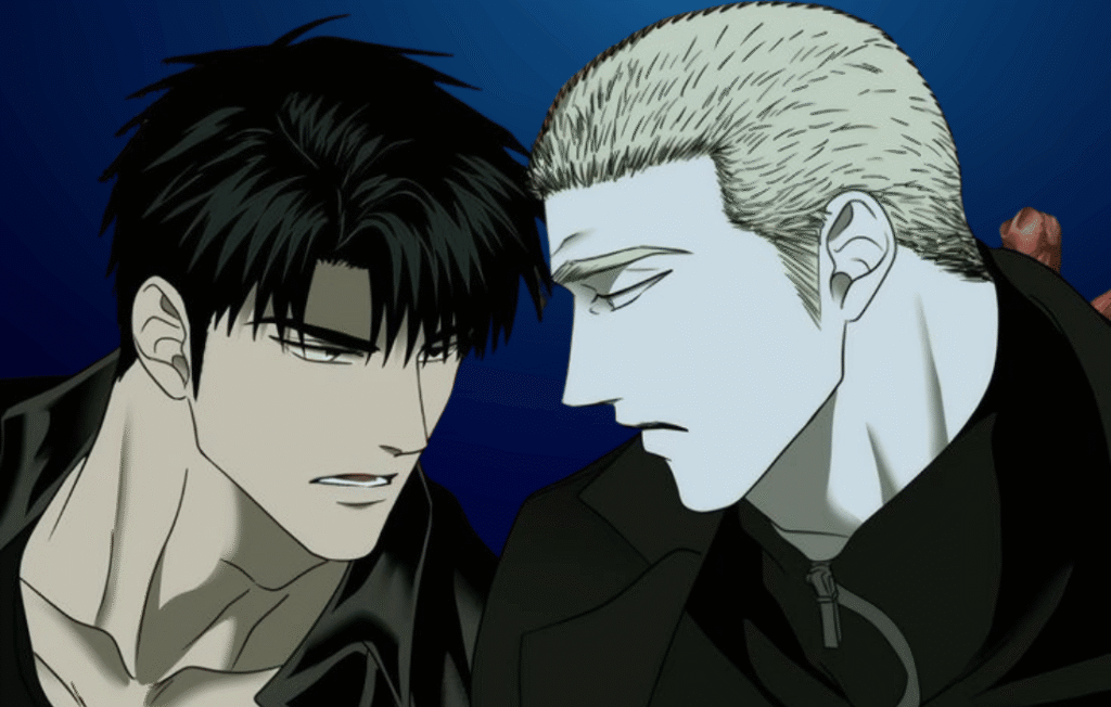 Intense yaoi Shutline scene showing Moon Shin and Jake Gillan in a close-up standoff with brooding expressions against a dark blue background.
