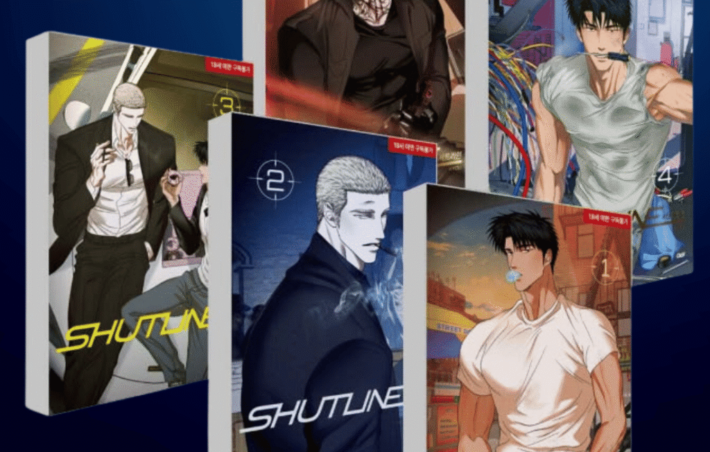 Collection of Shutline manhwa physical volumes 1, 2, 3, and 4 featuring Jake Gillan and Moon Shin for the 2026 latest update.