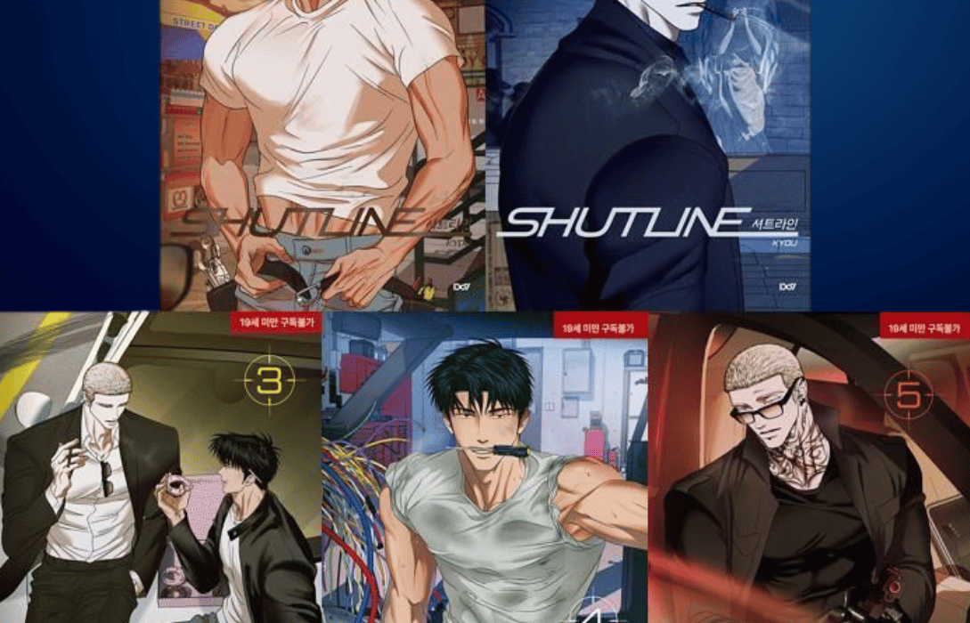 Collage of covers for the BL manhwa "Shutline" by Kyou, featuring the main characters Moon Shingun and Jake Gillan in a crime-drama setting.Collage of covers for the BL manhwa "Shutline" by Kyou, featuring the main characters Moon Shingun and Jake Gillan in a crime drama setting.