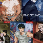 Collage of covers for the BL manhwa "Shutline" by Kyou, featuring the main characters Moon Shingun and Jake Gillan in a crime-drama setting.Collage of covers for the BL manhwa "Shutline" by Kyou, featuring the main characters Moon Shingun and Jake Gillan in a crime drama setting.
