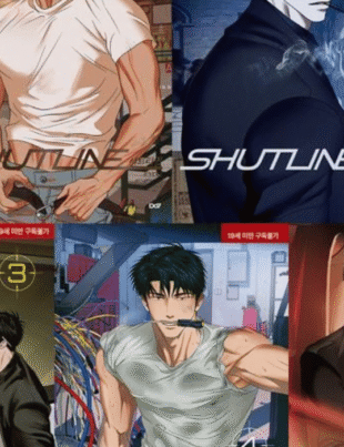 Collage of covers for the BL manhwa "Shutline" by Kyou, featuring the main characters Moon Shingun and Jake Gillan in a crime-drama setting.Collage of covers for the BL manhwa "Shutline" by Kyou, featuring the main characters Moon Shingun and Jake Gillan in a crime drama setting.