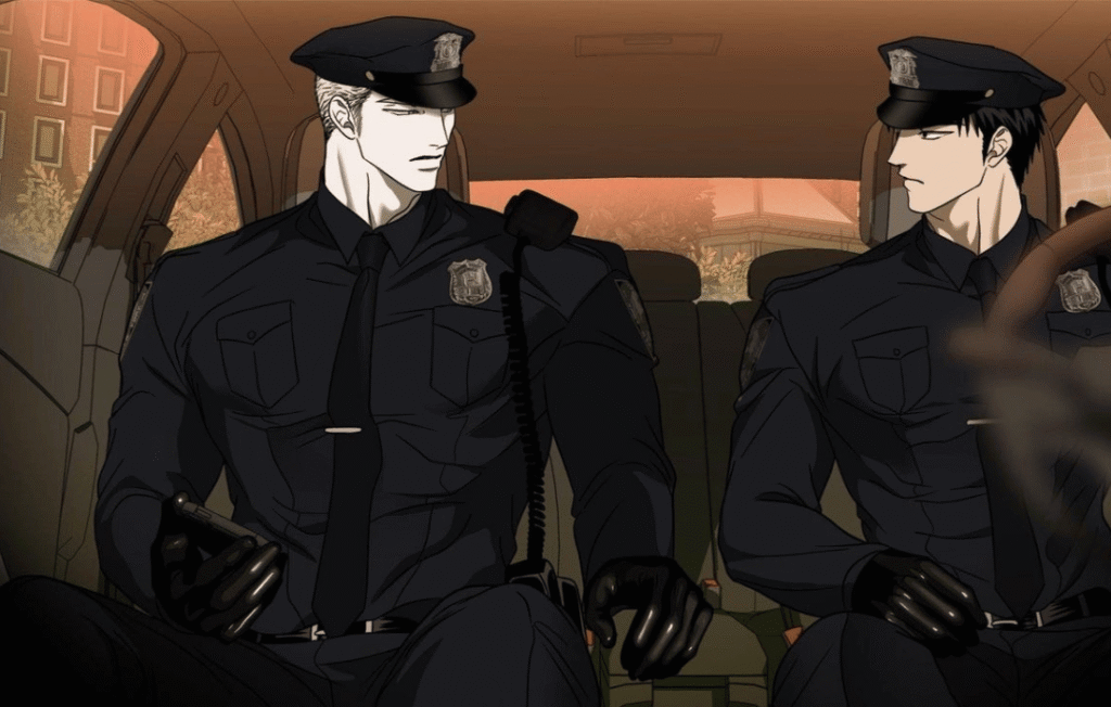 Jake Gillan and Moon Shingun from the manhwa "Shutline" dressed in police officer uniforms inside a patrol car.