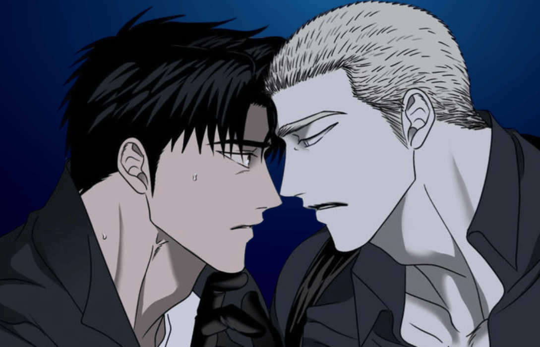 An intense, close-up scene from the manhwa Shutline featuring characters Jake Gillan and Moon Shin facing each other with heavy tension against a dark blue gradient background.