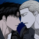 An intense, close-up scene from the manhwa Shutline featuring characters Jake Gillan and Moon Shin facing each other with heavy tension against a dark blue gradient background.