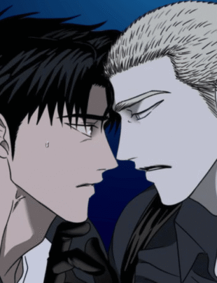 An intense, close-up scene from the manhwa Shutline featuring characters Jake Gillan and Moon Shin facing each other with heavy tension against a dark blue gradient background.