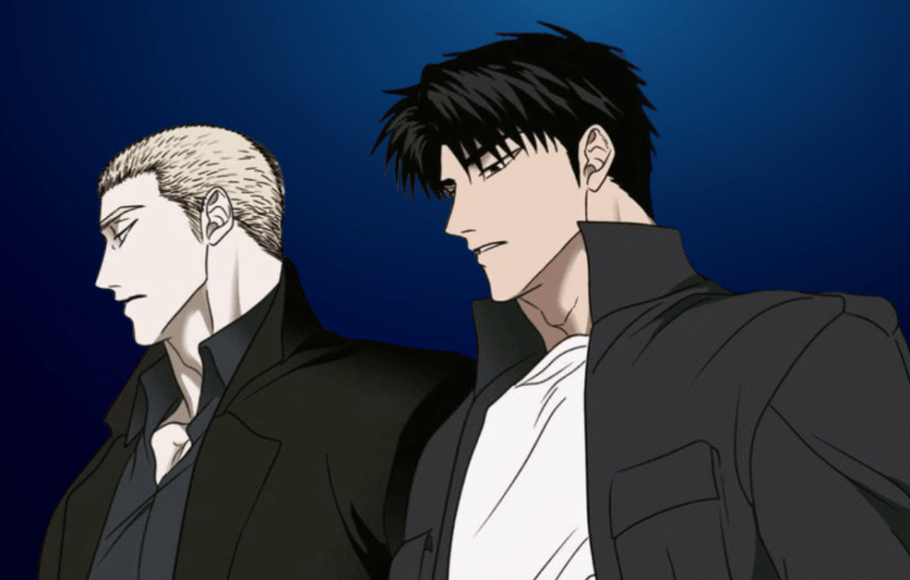 An intense scene from the manhwa Shutline featuring Jake Gillan and Moon Shin standing side-by-side against a dark blue background.