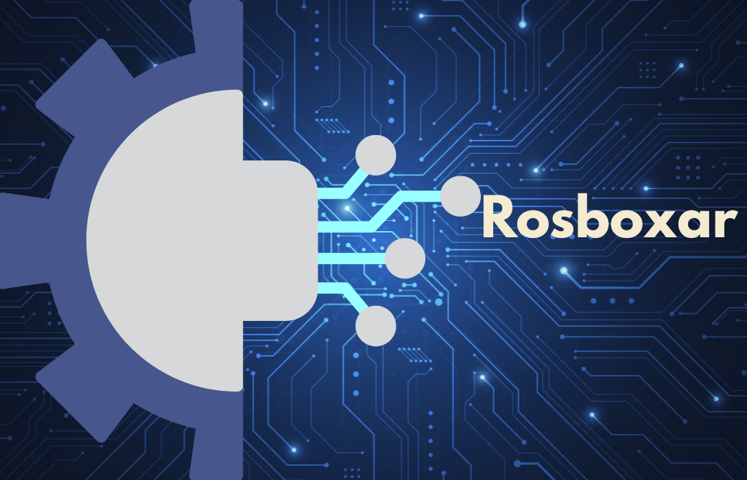 Rosboxar technology logo featuring a gear, circuit board connections, and futuristic blue digital background representing AI automation and smart tech solutions.