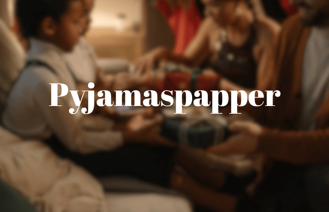 Pyjamaspapper family gift exchange scene with cozy indoor setting, warm lighting, and festive celebration atmosphere.