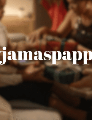 Pyjamaspapper family gift exchange scene with cozy indoor setting, warm lighting, and festive celebration atmosphere.
