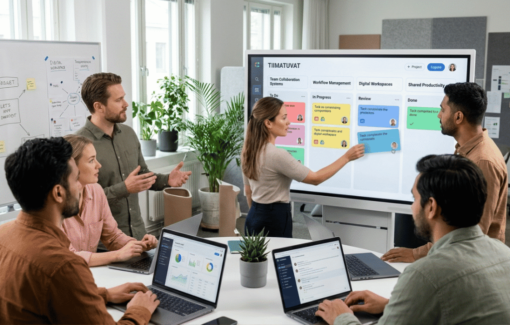 A team brainstorming project workflows as part of their modern Tiimatuvat system in a shared workspace.