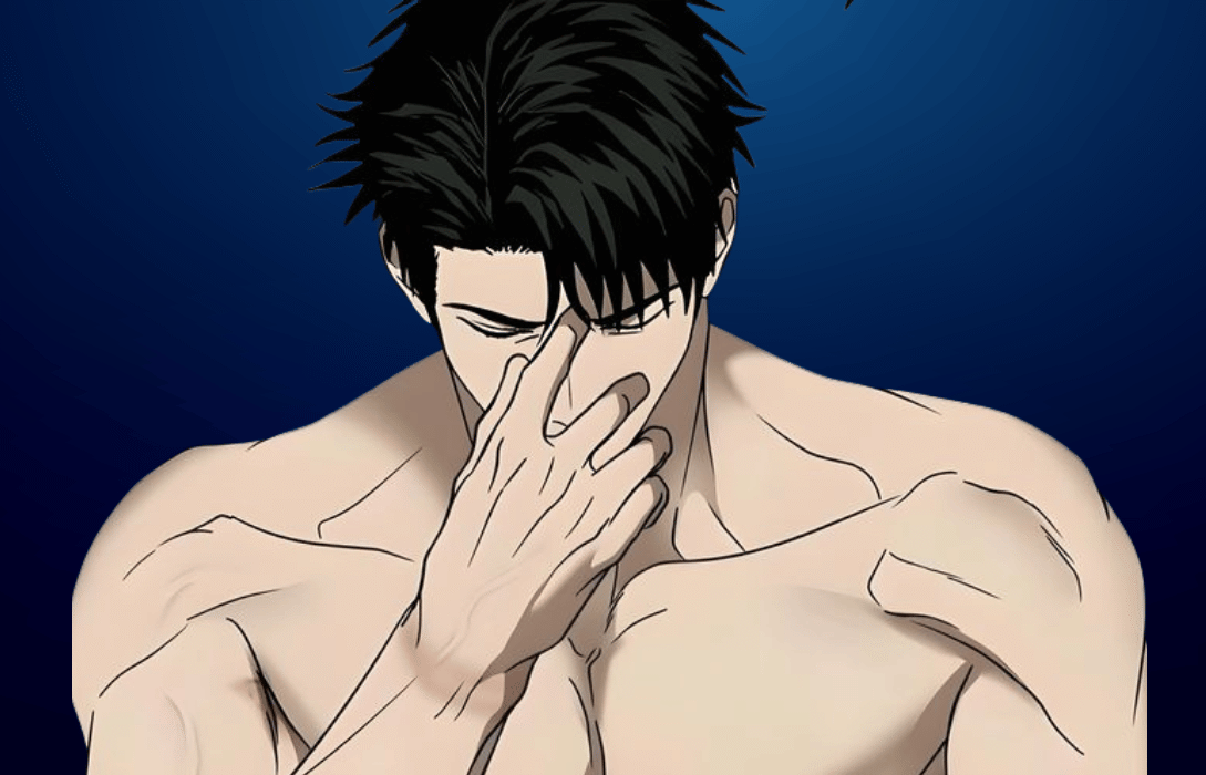 Close-up manhwa illustration of Moon Shin from Shutline bl Chapter 18, shirtless and muscular, looking down with a stressed expression while pinching the bridge of his nose against a dark blue background.