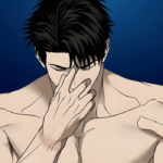 Close-up manhwa illustration of Moon Shin from Shutline bl Chapter 18, shirtless and muscular, looking down with a stressed expression while pinching the bridge of his nose against a dark blue background.