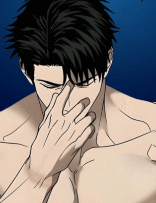 Close-up manhwa illustration of Moon Shin from Shutline bl Chapter 18, shirtless and muscular, looking down with a stressed expression while pinching the bridge of his nose against a dark blue background.