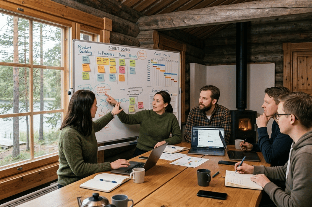 Team brainstorming Tiimatuvat workflow at a Finnish cabin sprint board.
