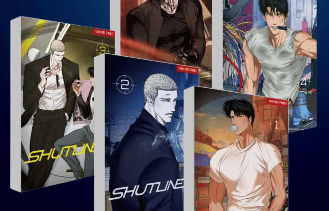 A collection of physical Shutline volume book covers displayed in a 3D mockup arrangement against a dark blue background.
