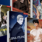 A collection of physical Shutline volume book covers displayed in a 3D mockup arrangement against a dark blue background.