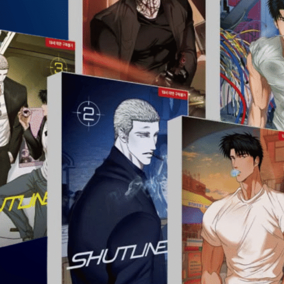 A collection of physical Shutline volume book covers displayed in a 3D mockup arrangement against a dark blue background.