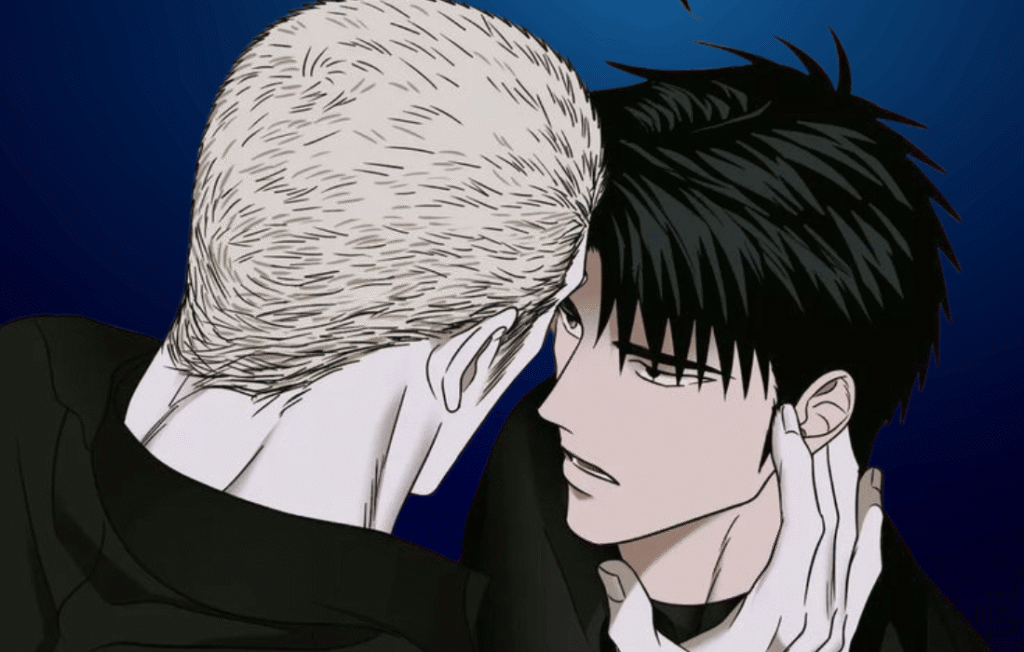 An intense, close-up panel from the Shutline volume manga featuring Jake Gillan leaning closely against Moon Shin-gun against a dark blue background.