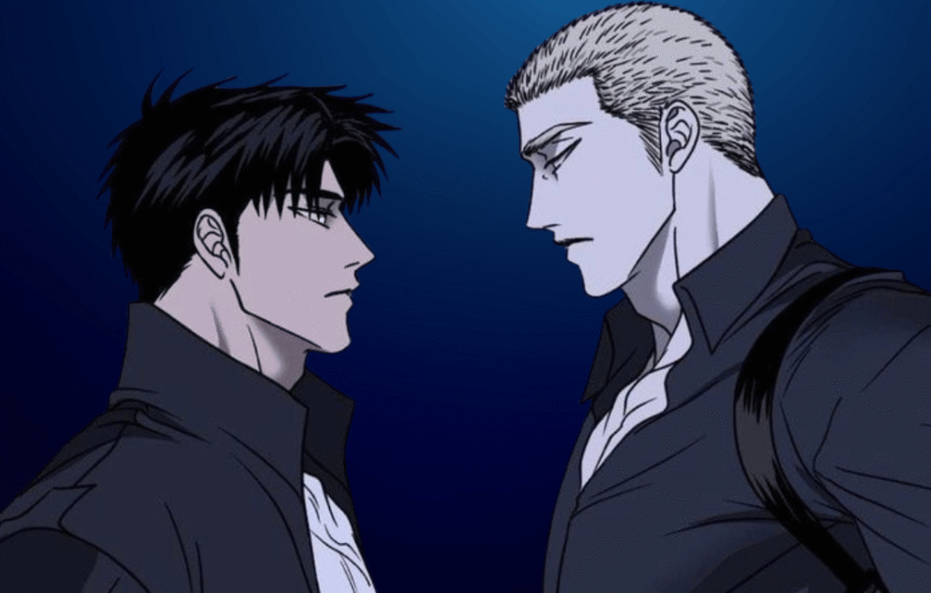 A dramatic profile-view manhwa panel from a Shutline volume showing Moon Shin-gun and Jake Gillan standing face-to-face against a dark blue background.A dramatic profile-view manhwa panel from a Shutline volume showing Moon Shin-gun and Jake Gillan standing face-to-face against a dark blue background.