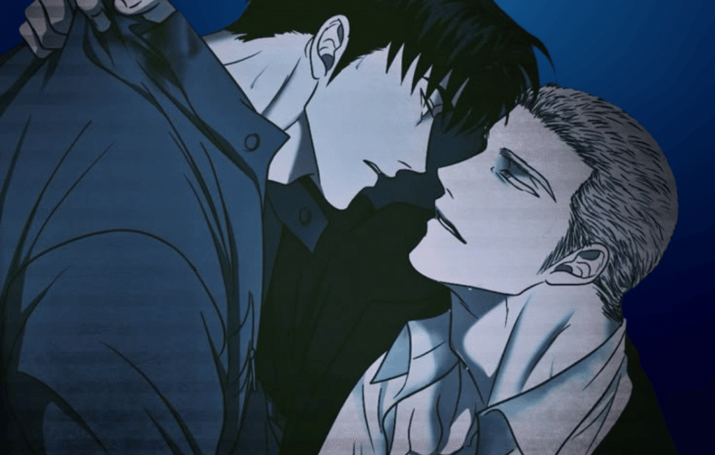 An intimate and intense manhwa panel from a Shutline volume featuring Moon Shin-gun leaning over Jake Gillan against a dark blue background.